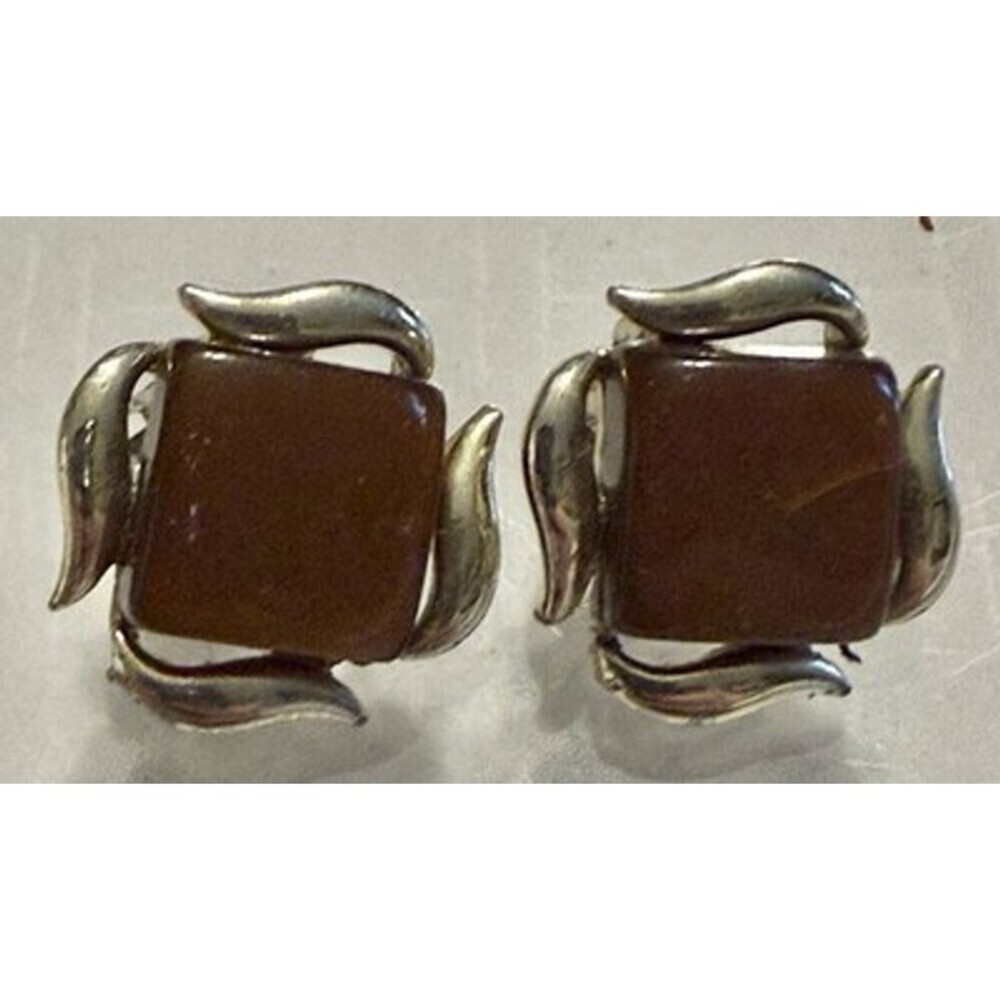 1950s vintage Lucite Moon glow faux tigers eye clip on earrings jewelry 52450